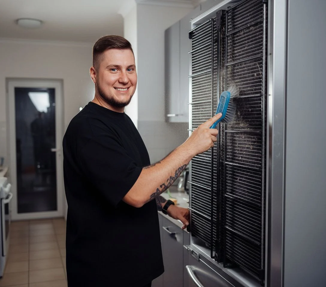 Мастер чистит решетку холодильника